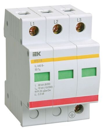 Ограничитель импульсного перенапряжения ОПС1-B 3Р In=30kA Un=400B Im=60kA | MOP20-3-B | IEK
